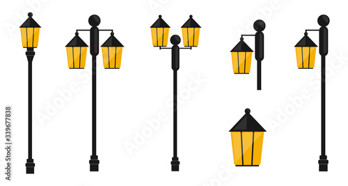 Street lamp, street lights set isolated, cartoon style, flat illustration