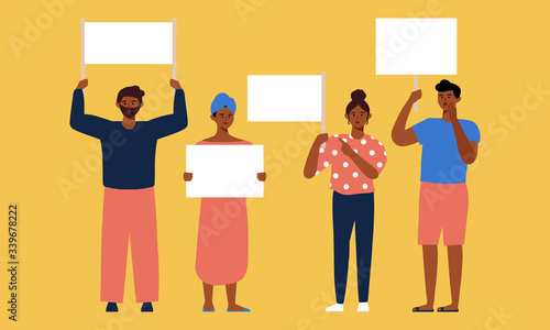 Set of dark skin people on protest demonstration holding blank empty banner illustration. African people Celebrate Black history month Group black people political activist manifestation demonstration