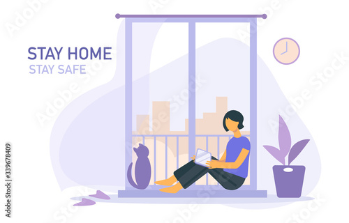 Stay home banner template. Woman with cat, houseplant, balcony, city, clock. Quarantine or self-isolation. Health care concept.  Global viral epidemic or pandemic. Flat vector illustration