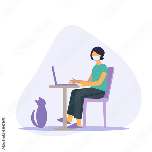 Work home. Protect yourself. Flat illustration Stay home stay safe on quarantine during the coronavirus epidemic young woman with houseplant, laptop, desk. Coronavirus outbreak vector concept