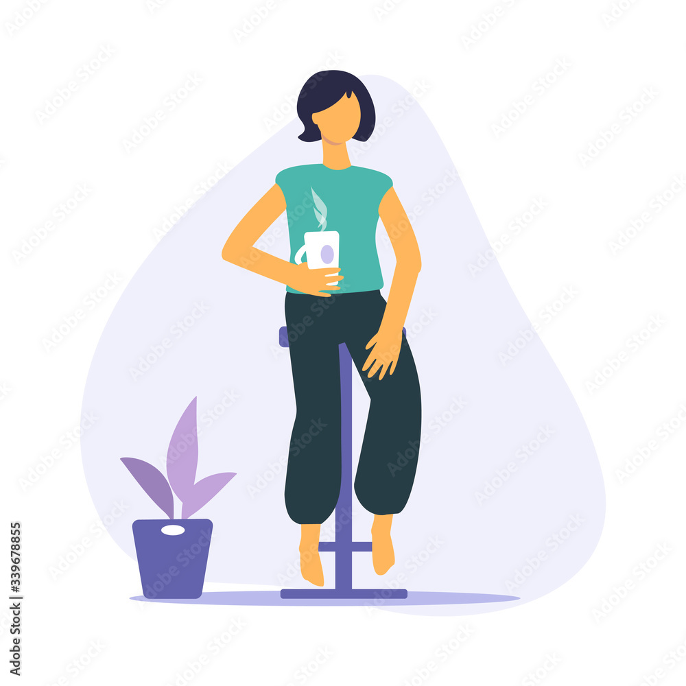 Fototapeta premium Woman sitting on chair with cup, houseplant isolated on blue background. Vector flat illustration