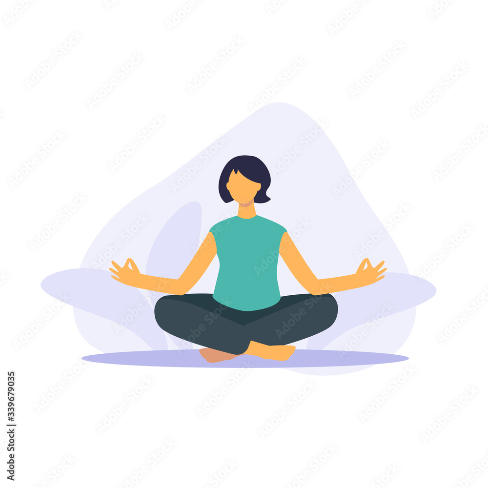 Pose yoga, doing yoga at home. Meditation and sports during quarantine. Stay at home take care of yourself. Girl sitting in lotus position.  Vector flat illustration