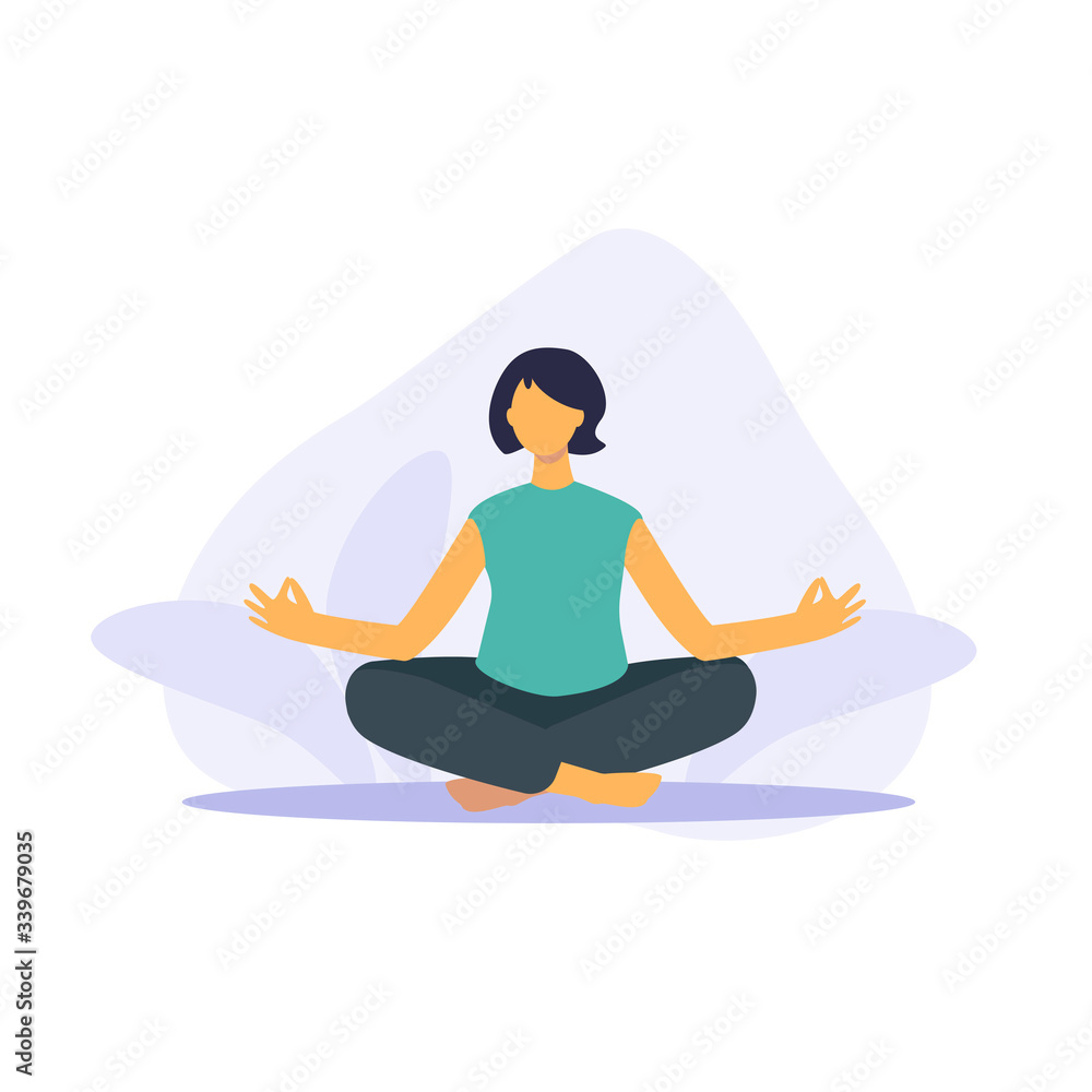 Pose yoga, doing yoga at home. Meditation and sports during quarantine. Stay at home take care of yourself. Girl sitting in lotus position. Vector flat illustration Pose yoga, doing yoga at home. Meditation and sports during quarantine. Stay at home take care of yourself. Girl sitting in lotus position. Vector flat illustration