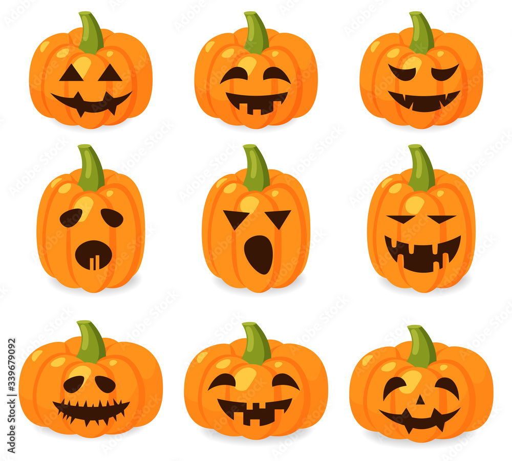 Hello halloween, big set pumpkin emotion, halloween banner, isolated pumpkin horror, october party card vector illustration Hello halloween, big set pumpkin emotion, halloween banner, isolated pumpkin horror, october party card vector illustration