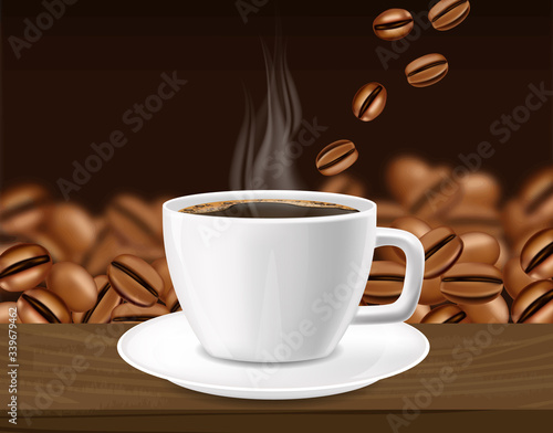 Realistic coffee, arabica 100%, coffee banner, beans and hot drink, good morning, vector illustration