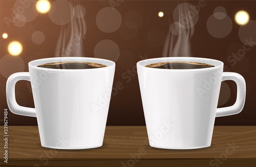 Realistic coffee, arabica 100%, coffee banner, beans and hot drink, good morning, vector illustration