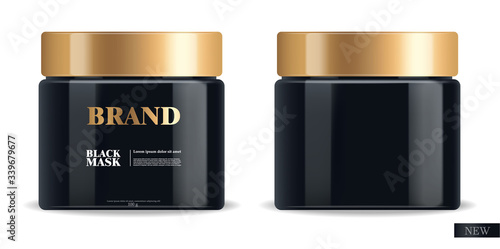Realistic black mask, black 3d package isolated, brand cosmetics, charcoal facial mask design, beauty product vector illustration