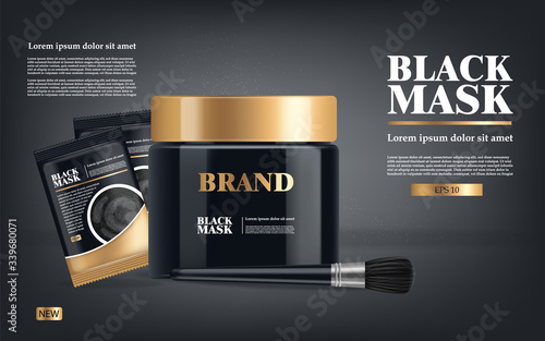 Realistic black mask, black 3d package isolated, brand cosmetics, charcoal facial mask design, beauty product vector illustration