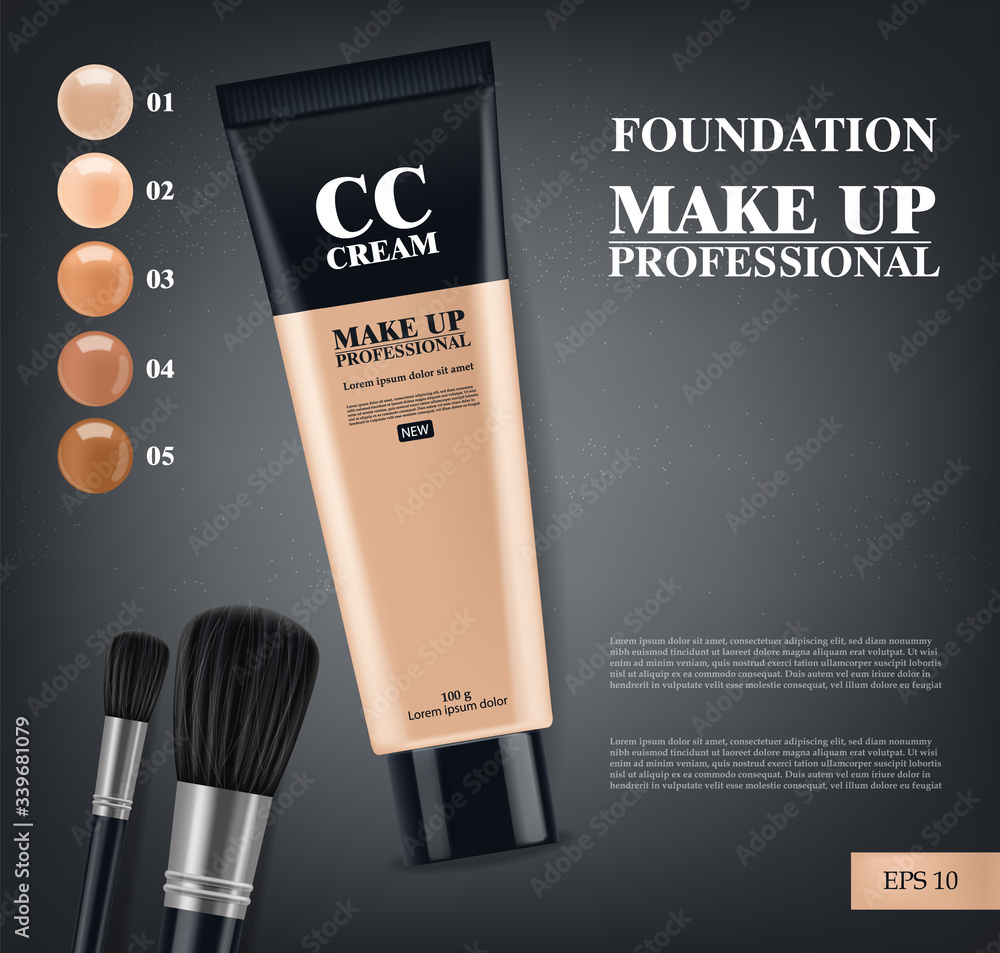 Foundation and cc cream realistic, make up cosmetics, professional, black bottle 3d package, five color vector illustration Foundation and cc cream realistic, make up cosmetics, professional, black bottle 3d package, five color vector illustration