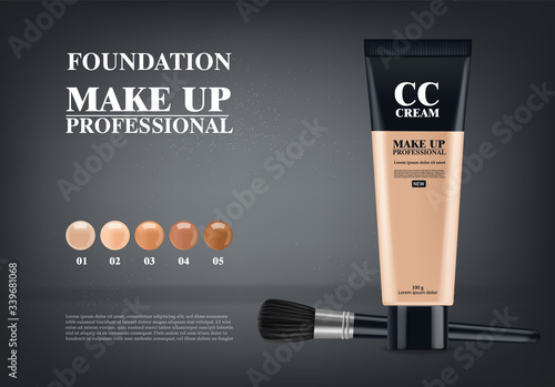Foundation and cc cream realistic, make up cosmetics, professional, black bottle 3d package, five color vector illustration