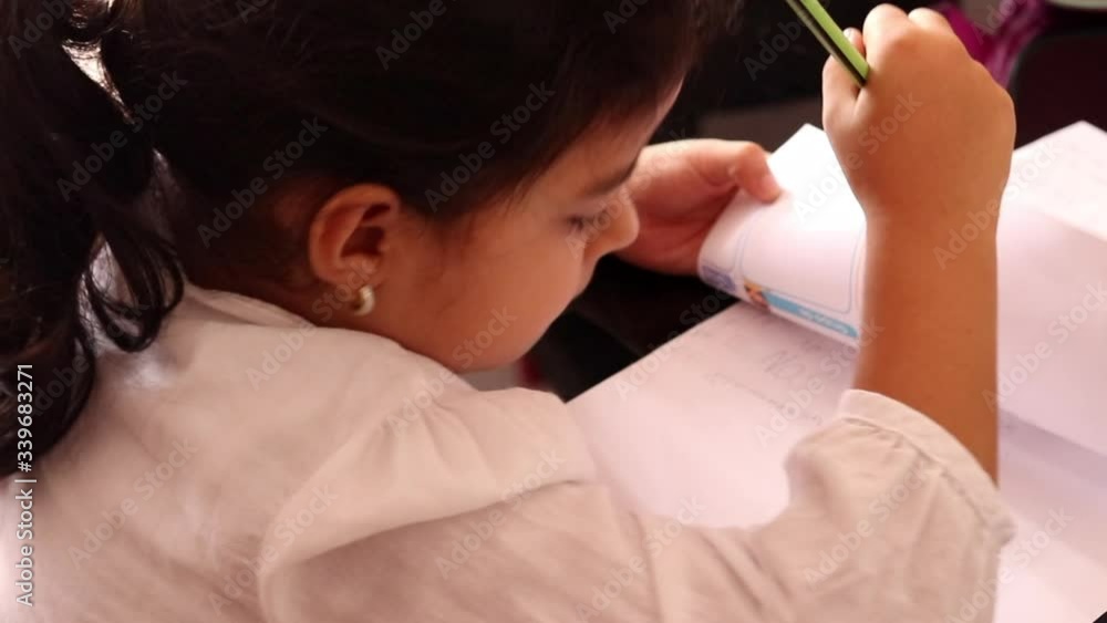 Little girl studying and writing in her lesson Little girl studying and writing in her lesson