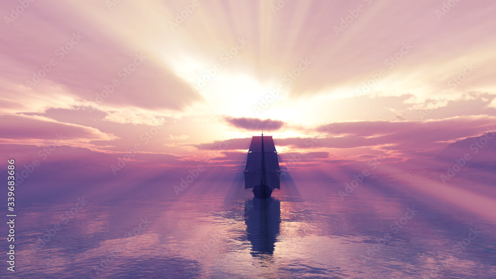 Obraz premium old ship at sea sunset illustration