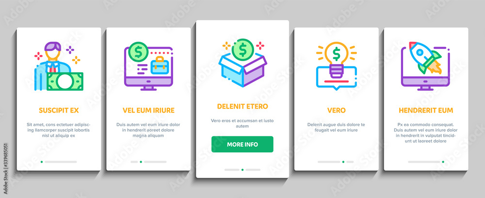 Crowdfunding Business Onboarding Mobile App Page Screen Vector. Crowdfunding Financial Web Site And Book, Dollar Banknote And Coin, Brain And Box Color Contour Illustrations