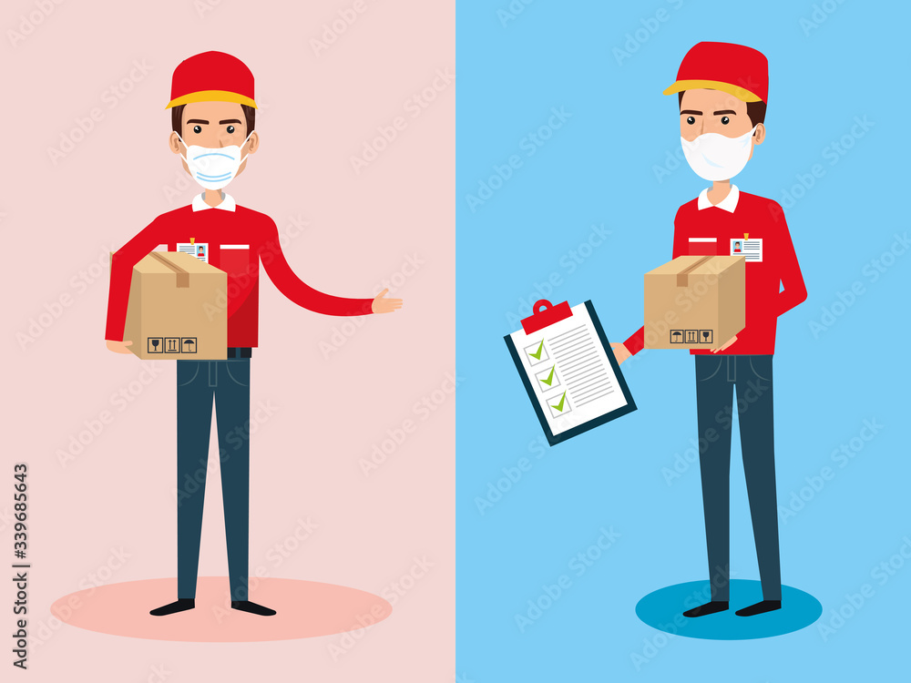 delivery workers using face mask with box carton and clipboard vector illustration design delivery workers using face mask with box carton and clipboard vector illustration design
