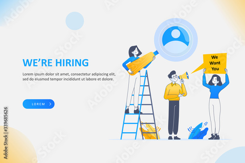 We are hiring banner, job offer concept, searching for candidates for work. People holding sign and megaphone for announcement, vector illustration