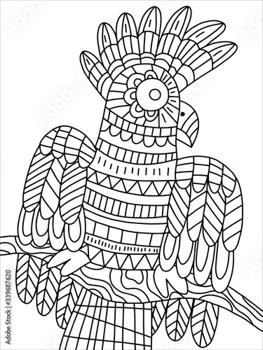 Funny parrot sits on a branch coloring page for kids and adultd pastime. Jungle animal detailed coloring. Black outline exotic bird isolated on white stock vector illustration. One of a series.