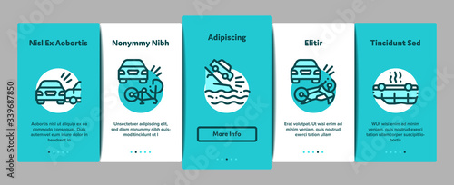 Car Crash Accident Onboarding Mobile App Page Screen Vector. Car Crash And Burning, Airbag Deployed And Broken Engine, Drunk And Fell Asleep At Wheel Color Contour Illustrations