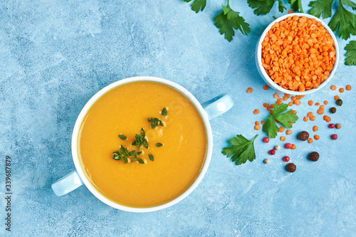 Red lentil soup.  Vegan food . Top view photo