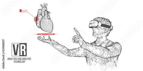 VR wireframe headset vector banner. Polygonal man wearing virtual reality glasses, with holographic of heart. Science, diagnostics, virtual analytics, analysis. VR games. Thank you for watching