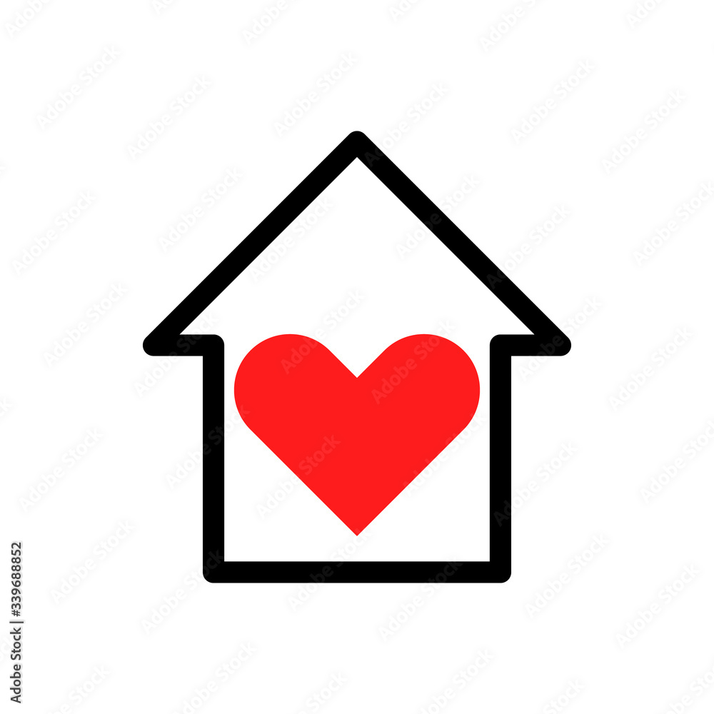 Stay at home slogan with house and heart inside. Protection campaign or measure from coronavirus, COVID--19. Stay home quote text, hashtag. Coronavirus, COVID 19 protection logo. Vector illustration.