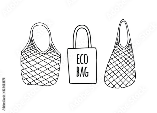 Vector set bundle of hand drawn doodle sketch Shopping reusable grocery cloth string mesh cotton eco bag isolated on white background