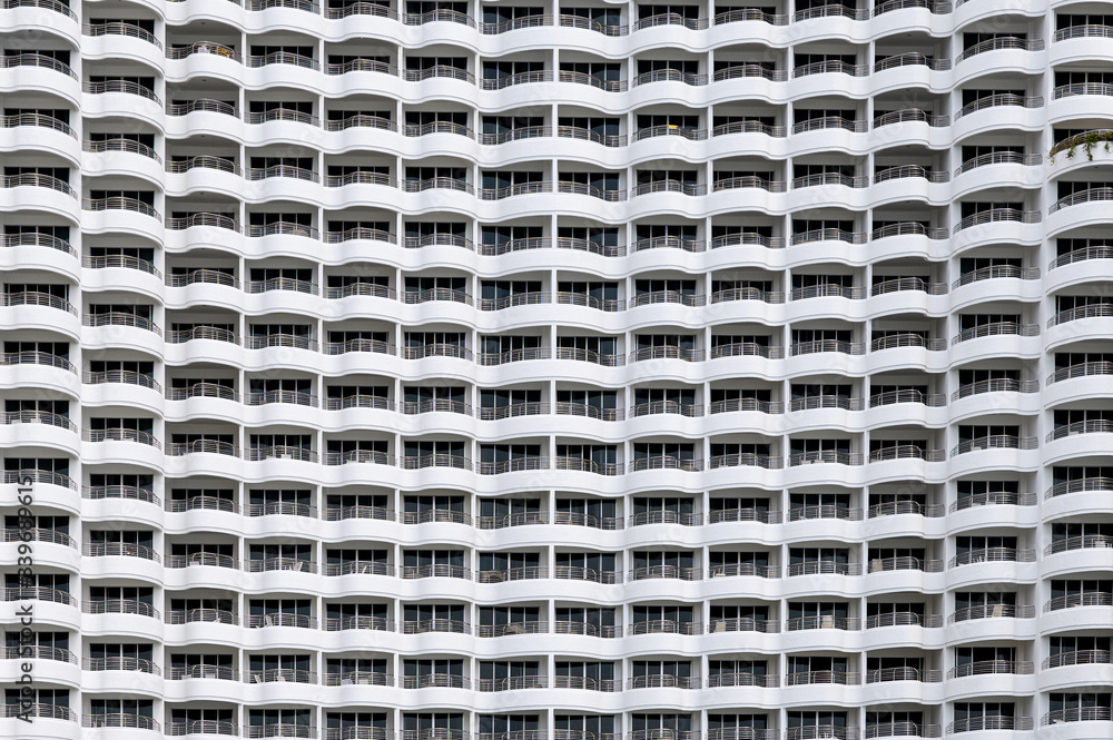 Building facade seamless, Rows of hotel many balcony with curved shape