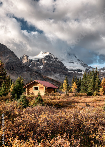 Wooden huts with Rocky mountains in autumn forest at Assiniboine provincial park