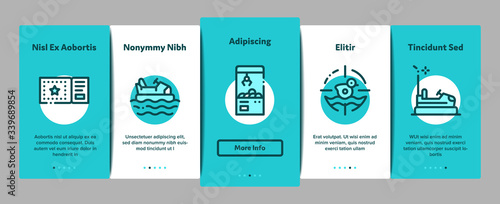 Amusement Park And Attraction Onboarding Mobile App Page Screen Vector. Castle And Train, Electrical Car And Boat, Ticket And Air Balloon Attraction Color Contour Illustrations