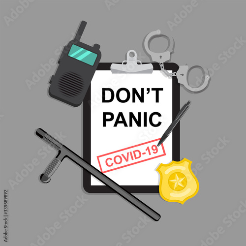 Don't panic. Stop coronavirus covid-19 vector banner with polis equipment