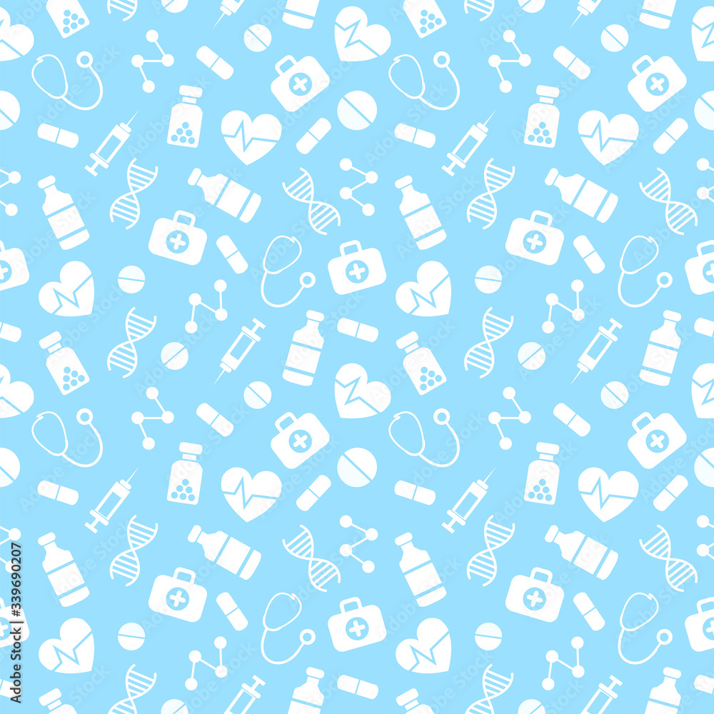 vector seamless pattern with white medical elements on blue background