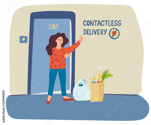 Contactless delivery poster. Hand drawn vector lettering and illustration of a woman and  bags with food. She has received her order without contacting a courier. Isolated on white. Pandemic theme.