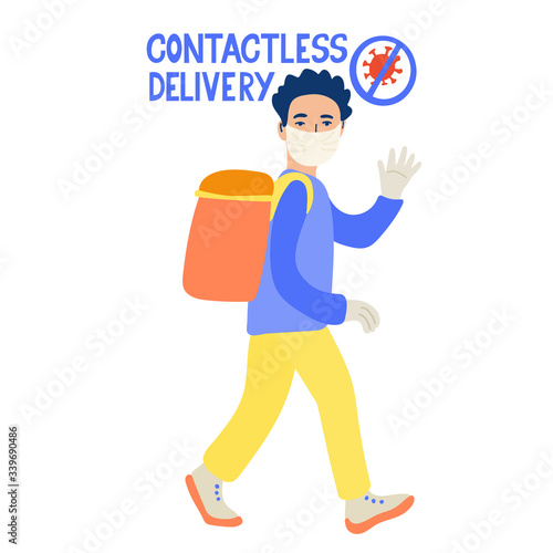 Contactless delivery poster. Hand drawn vector lettering and illustration of a courier with a delivery backpack, a protective mask and gloves. Theme of pandemic and protection from coronavirus.
