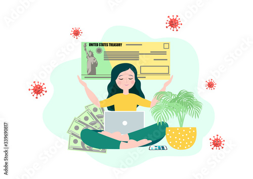 Young woman recieve a stimulus bill check during coronavirus quarantine period in USA. Stimulus relief program
