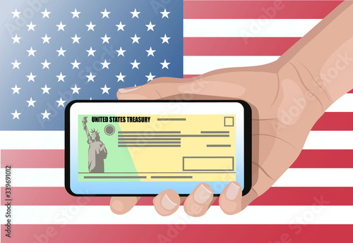Individual checks in display of modern smartphone in hand on american flag. Financial incentive bill. vector illustration