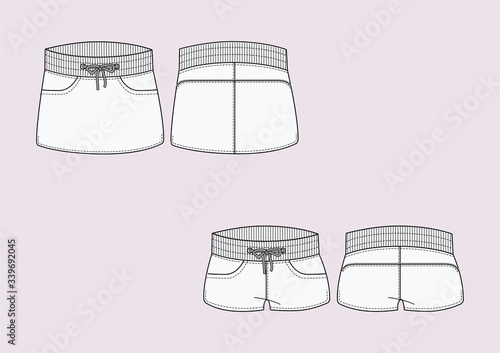 gonna e short in felpa disegno piatto sketch fashion illustration fronte e retro mock up vettoriale