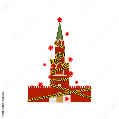 Russian Kremlin is wrapped in yellow warning tape Quarantine. Quarantine in Russia. Coronavirus epidemic in world. Outbreak Covid-19 Pandemic. World disaster