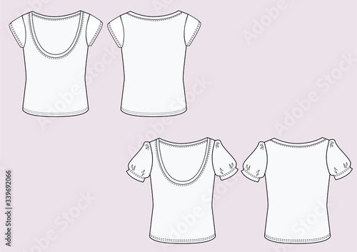 T-shirt manica corta donna disegno piatto sketch fashion illustration fronte e retro mock up vettoriale