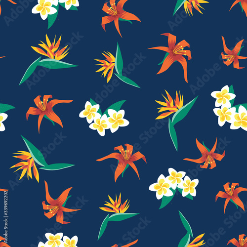 Plumeria, Lilies and Bird of Paradise flowers seamless vector pattern. Repeating exotic tropical florals on a blue background. Summer design for fabric, wallpaper, wrapping