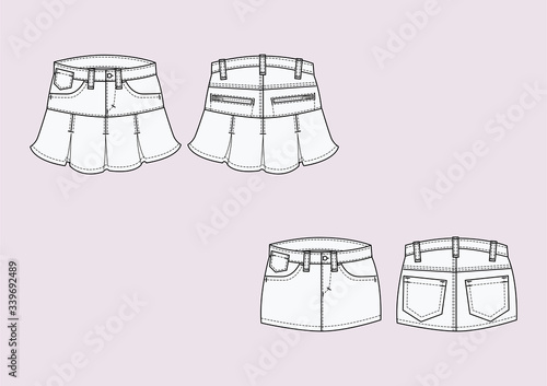 gonna corta denim disegno piatto sketch fashion illustration fronte e retro mock up vettoriale