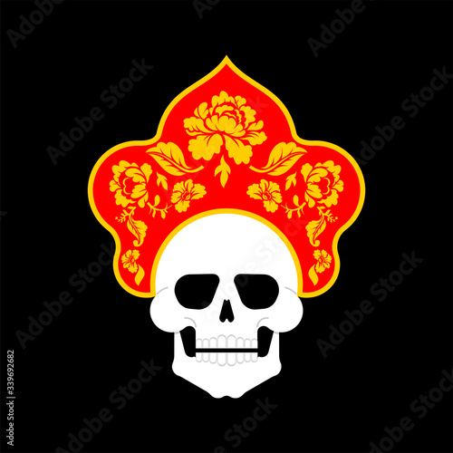Skull in russian Kokoshnik. Russian folk female hat skeleton head