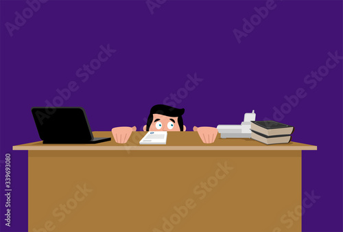 Scared man peeks out from under table. vector illustration