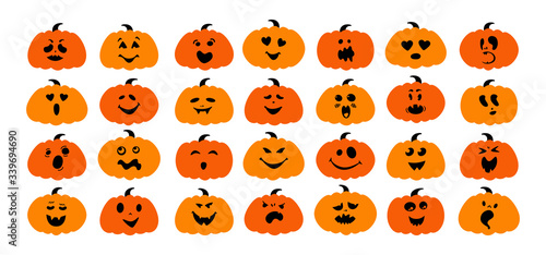 Funny pumpkin with face flat cartoon set. Halloween collection cute and ghostly monsters, scary pumpkins. Joyful spooky or funny comic character. Many ghosts Halloween concept. Vector illustration