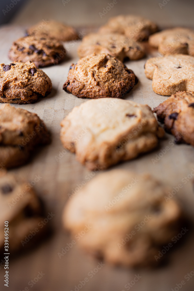 Homemade chocolate cookies chips on a wooden board Homemade chocolate cookies chips on a wooden board