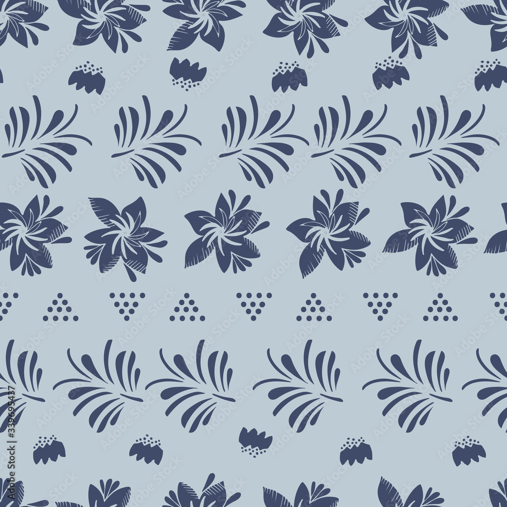 Two colors vector pattern seamless repeat with lines of dark blue flowers and dotted triangles. Perfect for textile for home decor, wallpaper, scrapbooking 