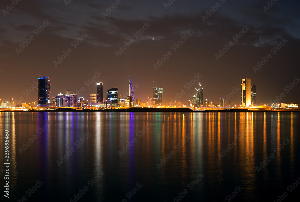 Bahrain skyline at twilight with beautiful reflection, long exposure shot