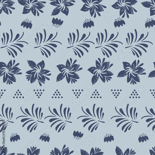 Two colors vector pattern seamless repeat with lines of dark blue flowers and dotted triangles. Perfect for textile for home decor  wallpaper  scrapbooking 