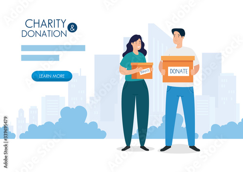 banner with couple and box of charity donation vector illustration design