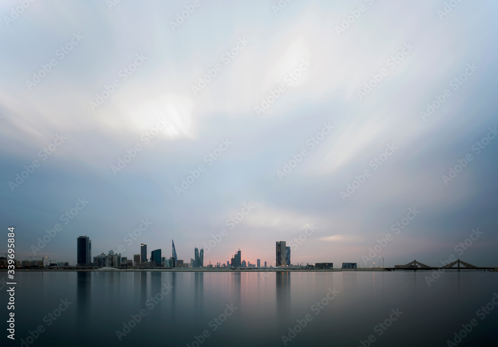 Naklejka premium Bahrain skyline at sunset, long exposure shot