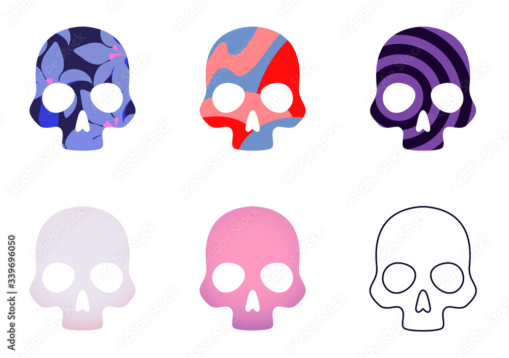 Skulls filled with patterns of many colours, gradients, floral and geometric ornaments. Vector illustration, set of 6.
