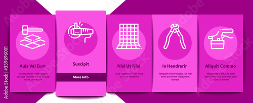 Tiler Work Equipment Onboarding Mobile App Page Screen Vector. Tiler Rectangular Notched Trowel And Electrical Tile Cutter, Level Tool And Grinder Color Contour Illustrations